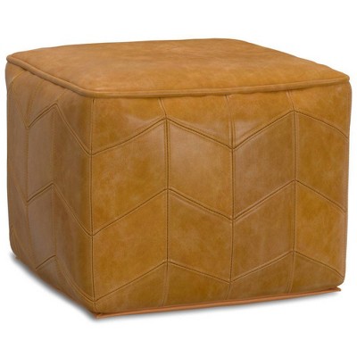 Gerty Square Pouf in Brown Genuine Leather with Chevron Pattern