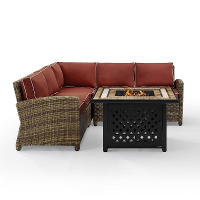 Bradenton 4pc Outdoor Wicker Sectional Set with Fire Table - Sangria - Crosley