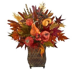 Nearly Natural 21-in Pumpkin, Maple Leaf and Sorghum Harvest Artificial Arrangement in Metal Planter - 1 of 3
