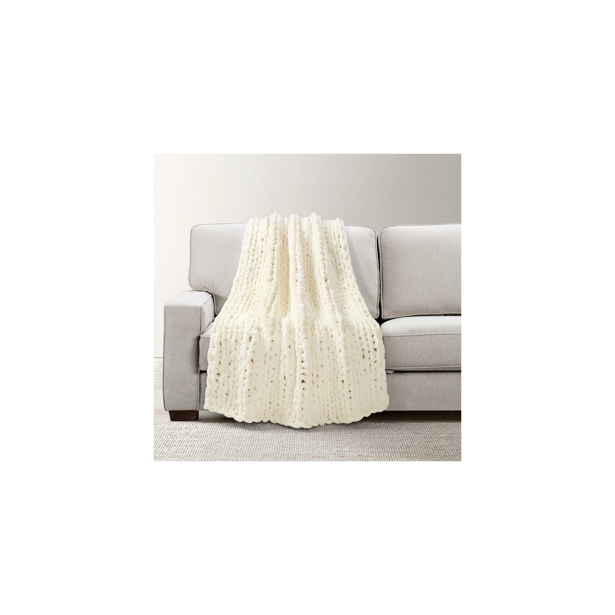 Lush Décor Hygge Ultra Soft Cozy Chenille Chunky Knit Blanket/Throw Ivory Single 40X72