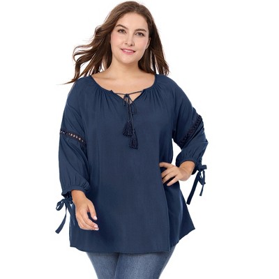 Agnes Orinda Women's Plus Size Tie Tassel V Neck Hollow Bowknot Long Sleeve Casual Blouses