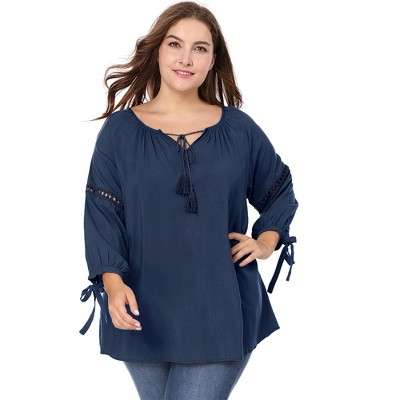 Agnes Orinda Women's Plus Size 3/4 Sleeve V Neck Stripe Boho Knit