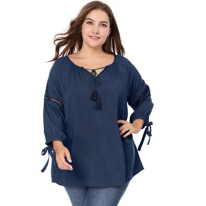 Agnes Orinda Women's Plus Size Tie Tassel V Neck Hollow Bowknot Long Sleeve Casual Blouses - 1 of 4