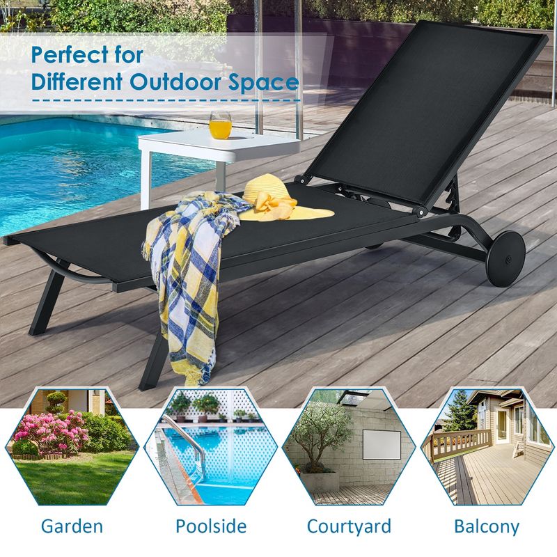 Costway Outdoor Lounge Chair Chaise Reclining Aluminum Fabric Adjustable Black, 5 of 11
