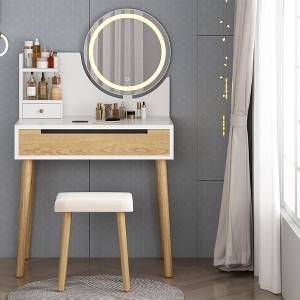 Vanity Desk, Makeup Table with Stool and Drawers, Makeup Vanity Desk with Light, for Living Room, Bedroom, Powder Room, White - 1 of 4
