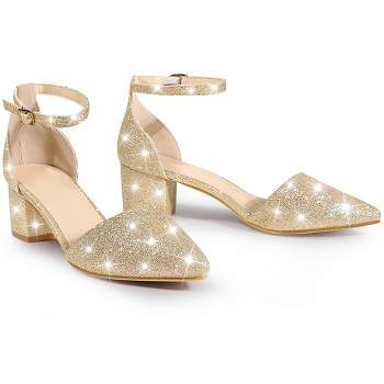 Perphy Women's Glitter Pointed Toe Chunky Heel Dress Pumps