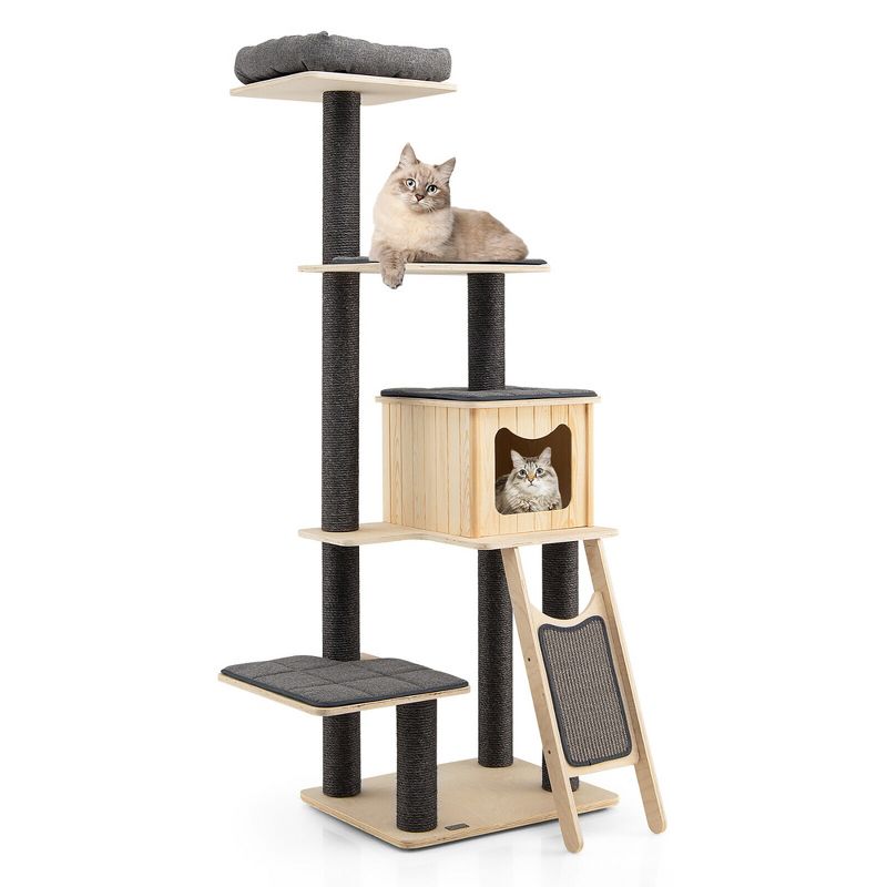 Tangkula 69 in Modern Wood Cat Tree 5-Tier Tall Cat Tower w/ Washable Cushions, 1 of 11