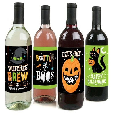 Big Dot of Happiness Jack-O'-Lantern Halloween - Halloween Party Decorations for Women and Men - Wine Bottle Label Stickers - Set of 4