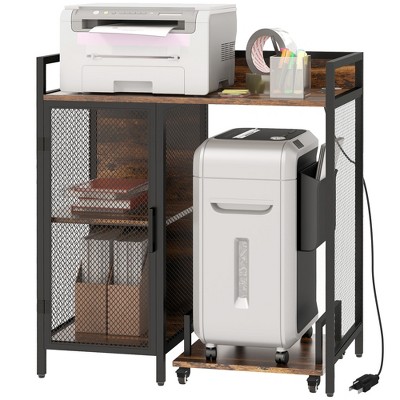 Rustic Brown Industrial Printer Stand with USB Ports and Adjustable Shelf