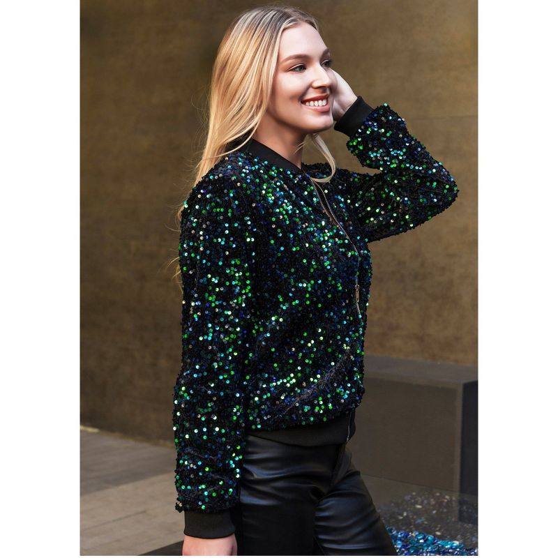 Anna-Kaci Sparkly Sequin Jacket Glitter Long Sleeves Zip Up Bomber Velvet Jacket, 3 of 4