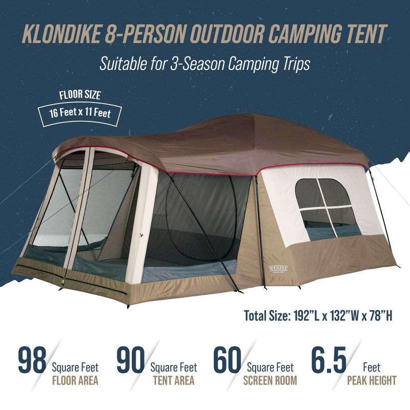 Wenzel Klondike 16' x 11' Large 8 Person 3 Season Outdoor Camping Tent with Screen Room, Mesh Roof, Windows and Reliable Stakes, 3 of 7
