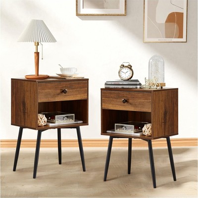 VECELO Set of 2 Industrial Nightstand Mid-Century Side End Table/Bedside Table with Drawer Brown/Gray/Marble White