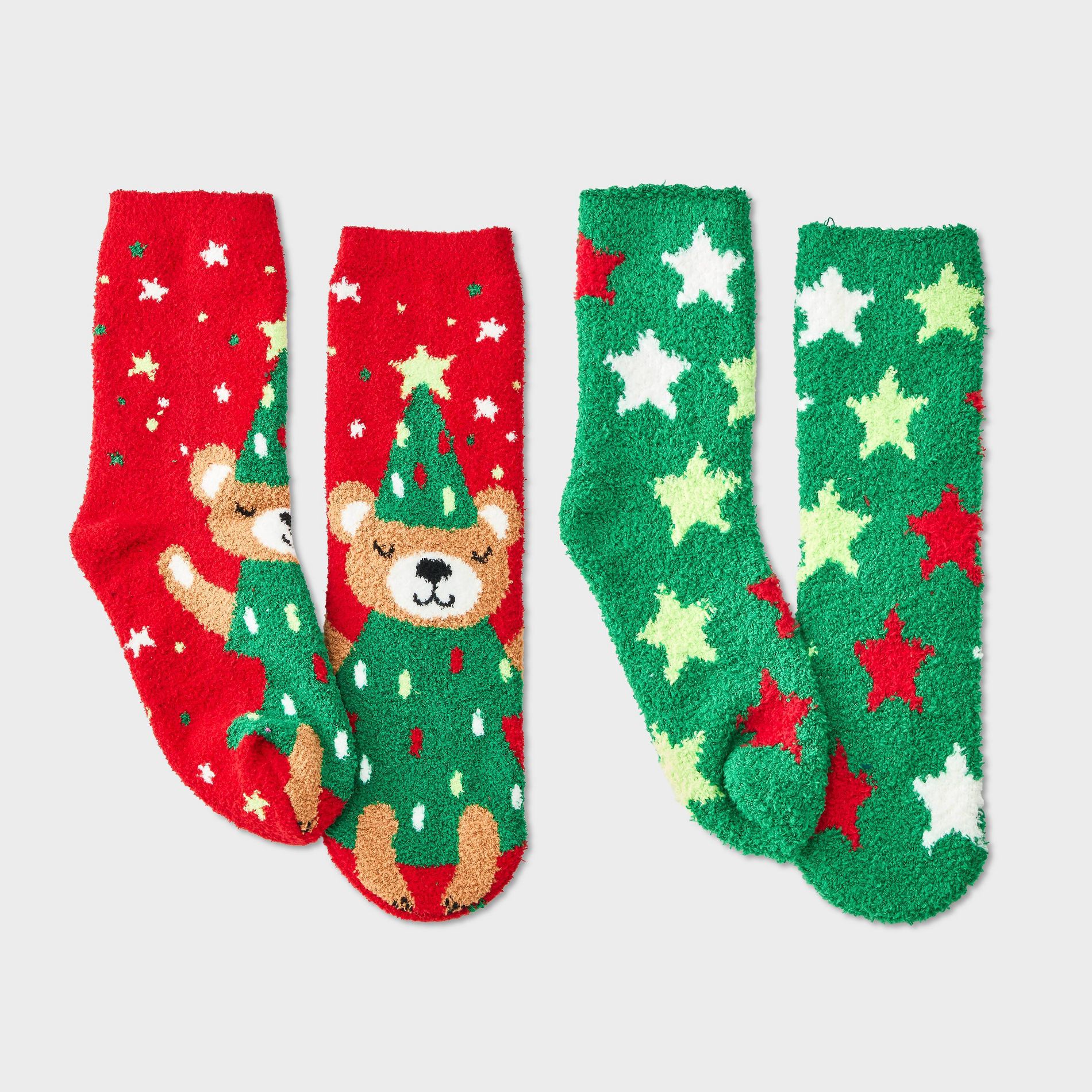 Kids' 2pk Christmas Tree Teddy Bear Cozy Crew Socks with Gift Card Holder - Wondershop™ Red