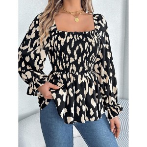 Women's Floral Print Square Neck Blouse – Ruffled Collar, Smocked Bust, Puff Long Sleeves, Romantic Victorian Style Tops - 1 of 4