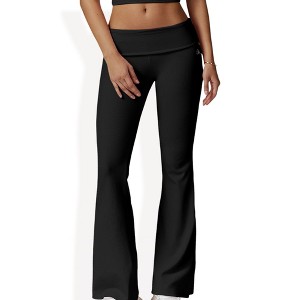 Anna-Kaci Active Women's Foldover Waist Flare Leg Yoga Pants in Ribbed Knit - 1 of 4