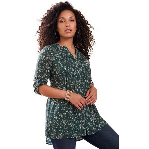 Roaman's Plus Size Pintuck Tunic Blouse – Y-Neck & Roll-Tab