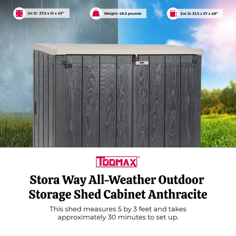 Toomax Stora Way All-Weather Outdoor XL Horizontal 5' x 3' Storage Shed Cabinet for Trash Can, Garden Tools, & Yard Equipment, Taupe Gray/Anthracite, 4 of 10