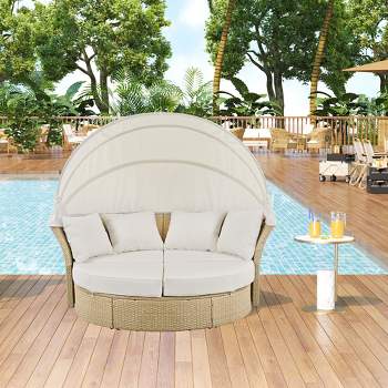 Outdoor Patio Rattan Daybed, Round Wicker Double Daybed Sofa with Retractable Canopy and 4 Pillows 4M -ModernLuxe