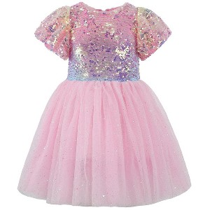 2Bunnies Girls' Ombre Sequin Sparkle Tulle Puff Sleeve Dress - 1 of 4