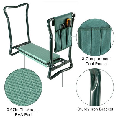 Green Foldable Iron Garden Kneeler Seat with EVA Cushion and Tool Pouch