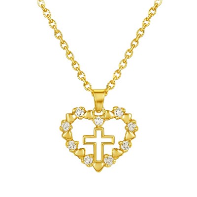 Gold Stainless Steel Heart & Cross Pendant Necklace, Modern O-Link Chain, Sparkly Crystal Accents, Unisex Jewelry for Daily & Special Occasions