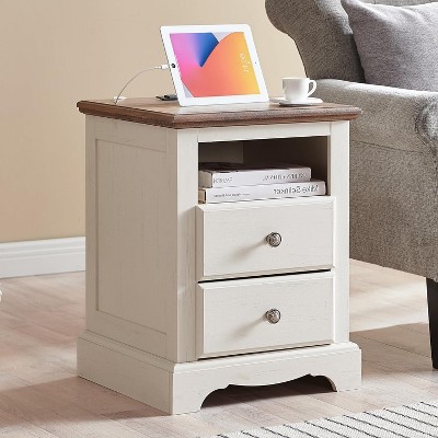 18" Vintage Nightstand wtih Charging Station, End Table Side Table with 2 Drawers for Bedroom, Living Room