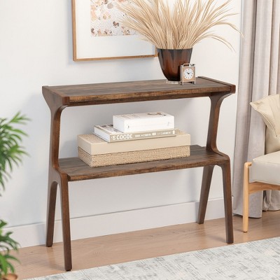 MAYEERTY Solid Wood End Table, 2-Tier Sofa Side Table with Storage Shelf