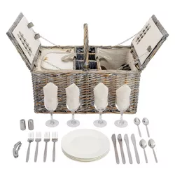 Juvale Gray Wicker Picnic Basket Set for 4 with Insulated Cooler Bag, Silverware, Glasses, Napkins, Double Lid Design