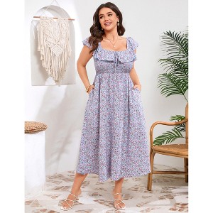 navy blue dress for baby girl Women Plus Size Floral Smocked Midi Dress Square Neck Ruffle Cap Sleeve A- Line Sundress with Pockets, Light Blue, 3XL : Target
