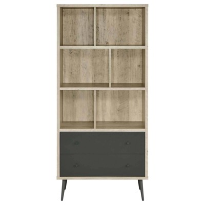 Maeve 70" Mid Century Modern Gray Wood Bookcase with Drawers