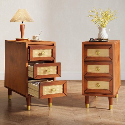 Tribesigns End Table with 3 Drawers, Solid Wood Sofa Side Table with Rattan Front, Narrow Nightstand for Living Room, Bedroom, Brown