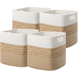 Aoibox Set of 4 Water Hyacinth Storage Cubes 13 x 13 x 13 Inch Woven Cotton Rope Baskets with Handles Brown - 1 of 4