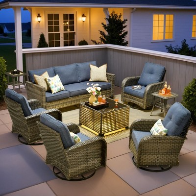 XIZZI Outdoor Rattan Sectional Sofa Set, Modular Patio Lounge Set w/ Swivel Chairs, Side Table & Optional 3-Seat Sofa/Ottomans/Firepit/Coffee Table