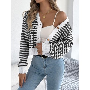 Coolmee Women's Cardigan Sweaters Striped Button Down Cropped Knit Lady Fall Trendy Sweaters Clothes - 1 of 4