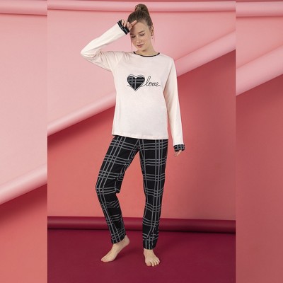 Women’s Junior Pajama Set 2-Piece Cotton Long Sleeve Top & Pants Heart Plaid Print
