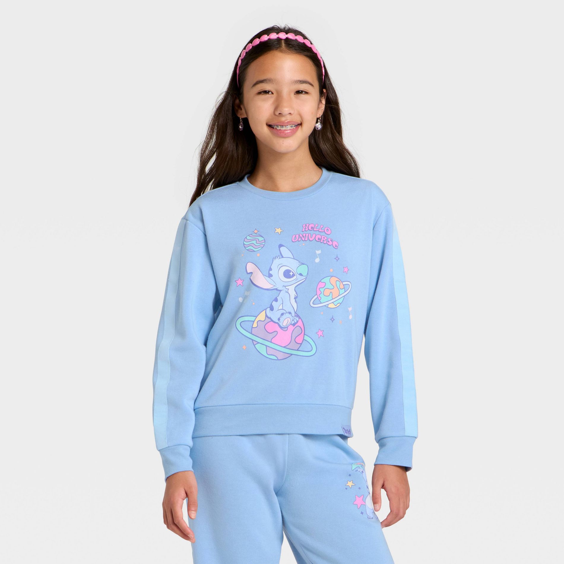 Girls' Disney Stitch Fleece Crewneck Sweatshirt - Light Blue