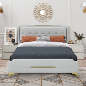 Lyngins King Size Bed Frame with Wingback Headboard & Footboard, PU Upholstered Platform Bed with Gold Metal Decor, Solid Wooden Slats Support - 1 of 4