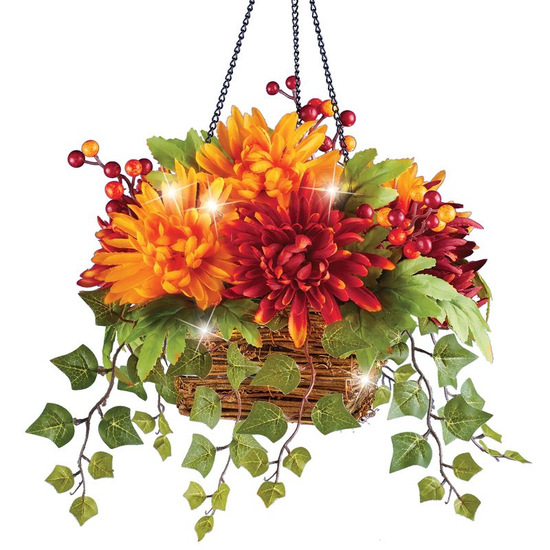 Collections Etc LED Lighted Colorful Mum and Ivy Accent Hanging Basket 14 X 14 X 21 Orange, 1 of 3