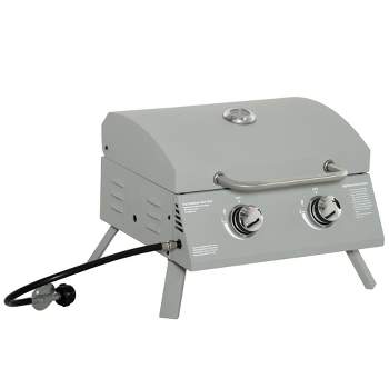 Outsunny 2 Burner Propane Gas Grill Outdoor Portable Tabletop BBQ with Foldable Legs, Lid, Thermometer for Camping, Picnic, Backyard