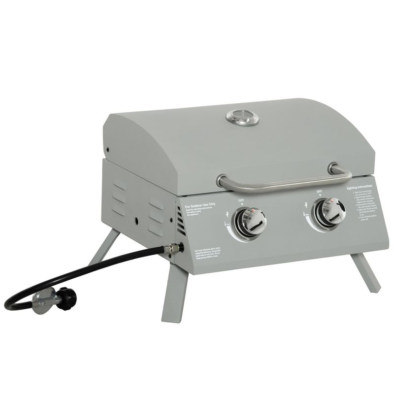 Outsunny 2 Burner Propane Gas Grill Outdoor Portable Tabletop BBQ with Foldable Legs, Lid, Thermometer for Camping, Picnic, Backyard, 1 of 7