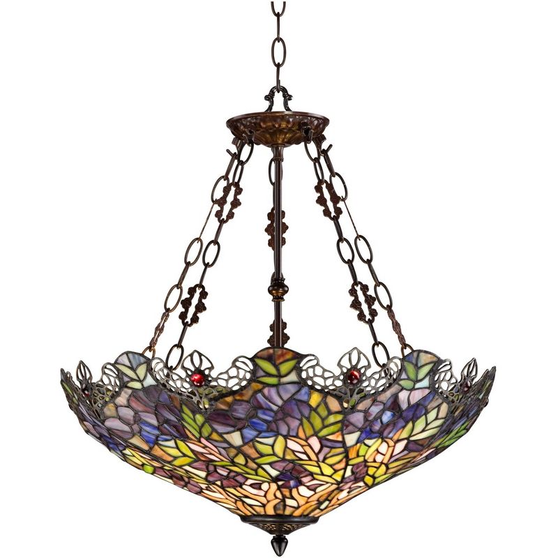 Robert Louis Tiffany Bronze Pendant Chandelier 22" Wide Rustic Floral Garden Stained Glass 3-Light Fixture for Dining Room House Foyer Kitchen Island, 1 of 10