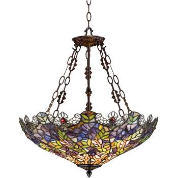 Robert Louis Tiffany Bronze Pendant Chandelier 22" Wide Rustic Floral Garden Stained Glass 3-Light Fixture for Dining Room House Foyer Kitchen Island