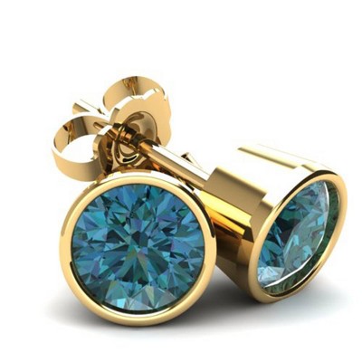 Pompeii3 .75Ct Round Brilliant Cut Heat Treated Blue Diamond Stud Earrings in 14K Gold Round Bezel Setting