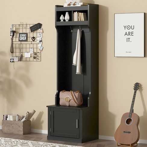 Slim Hall Tree With Cabinet & 6 Hanging Hooks, Multi-functional Storage ...