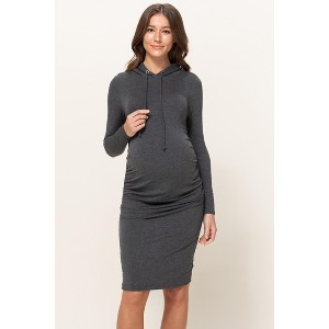 Hello Miz Women's Long Sleeve Side Ruched Maternity Hoodie Dress - 1 of 4