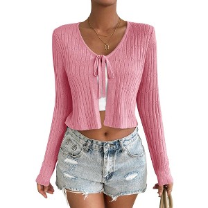 BLUEMING Summer Cardigan Sweaters for Women Cropped Lightweight Front Tie Cardigan with Eyelet Knit Rib Texture Caridigan - 1 of 4