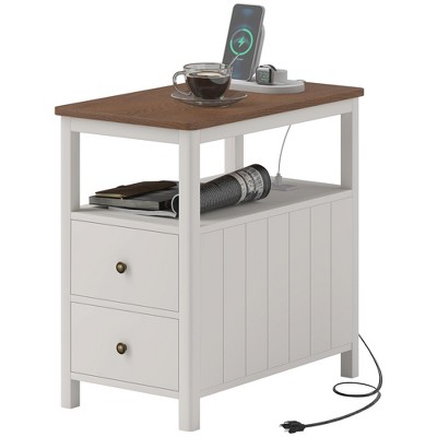 Aghana Digitals Narrow White Side Table with Charging Station, USB Ports, Drawers & Shelf - Modern