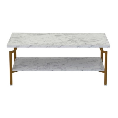Crown Rectangular White Marble and Gold Metal Coffee Table with Storage Shelf