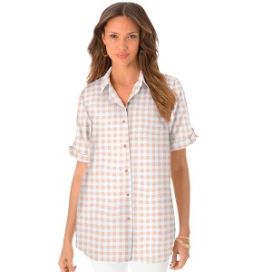 Roaman's Women's Plus Size French Check Big Shirt - 1 of 4