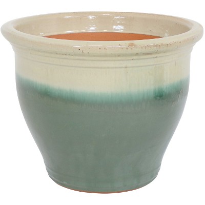 Sunnydaze Studio Outdoor/Indoor High-Fired Glazed UV and Frost-Resistant Ceramic Flower Pot Planter with Drainage Holes - 18" Diameter - Seafoam